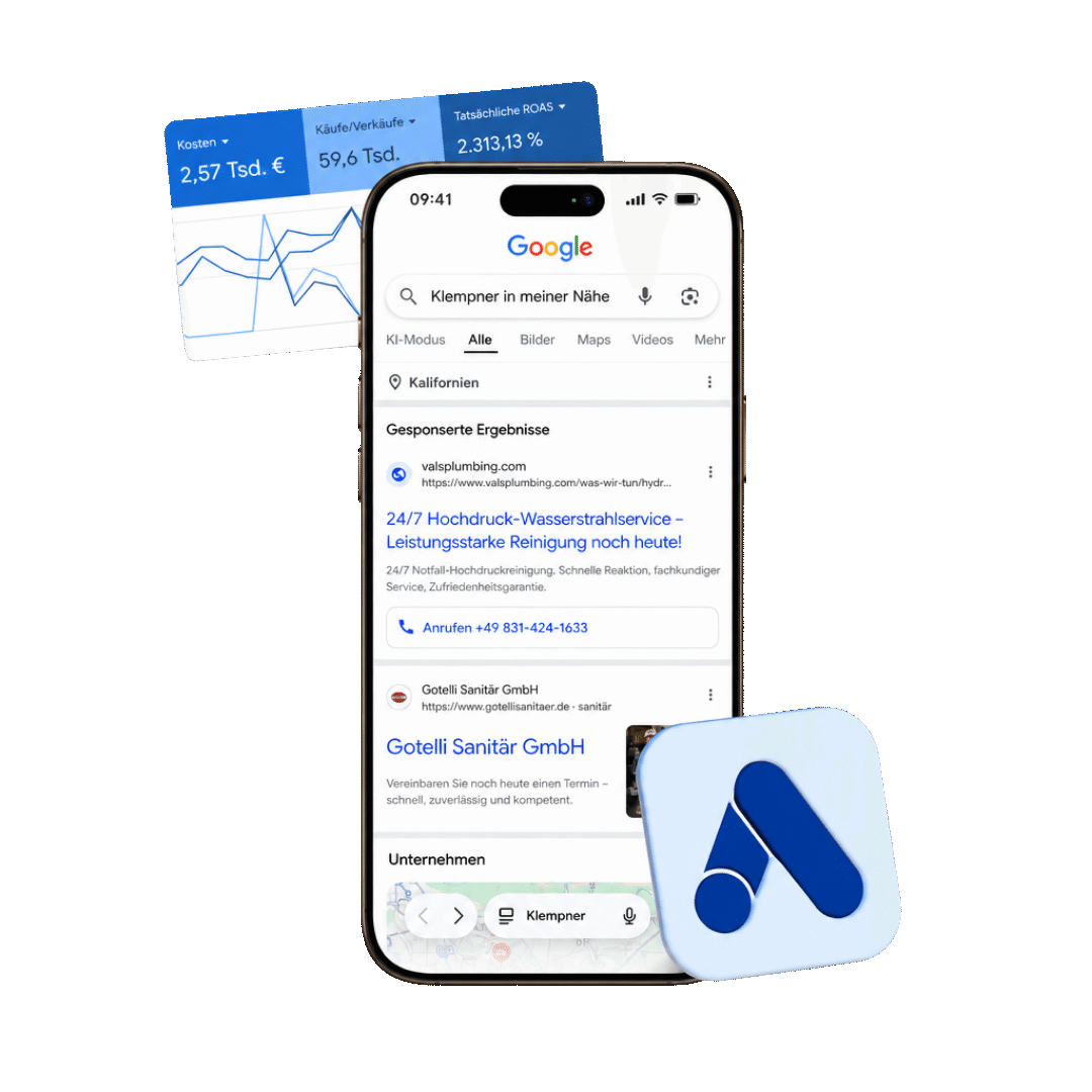 Google-Ads-Anzeige eines Sanitärbetriebs auf dem Handy