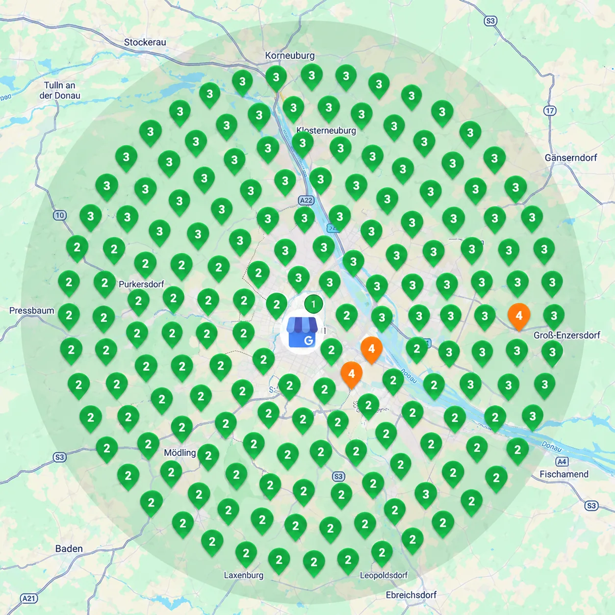 Google-Maps-Ranking-Heatmap rund um Wien mit Top-Platzierungen