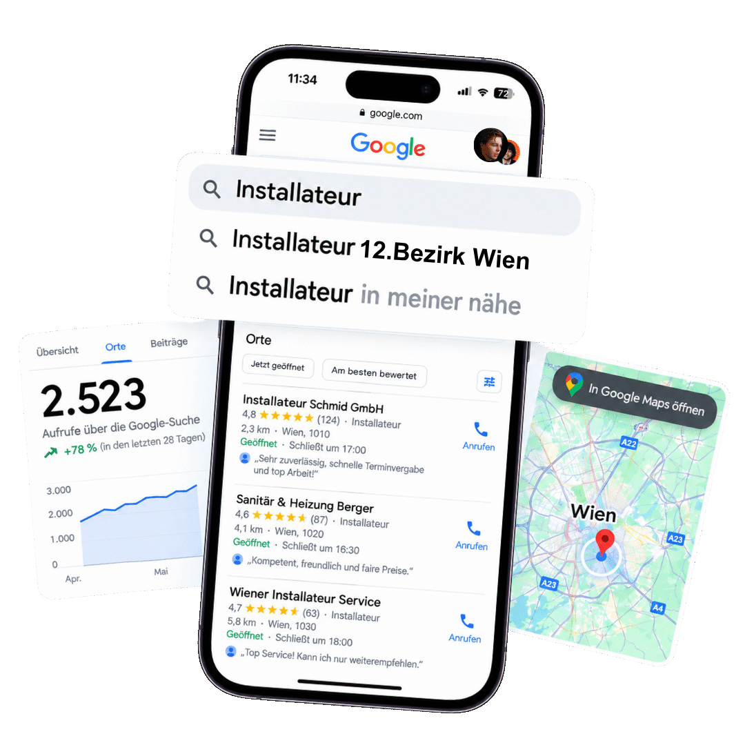 Google-Suche nach einem Installateur in Wien mit den Top-3-Ergebnissen auf dem Handy