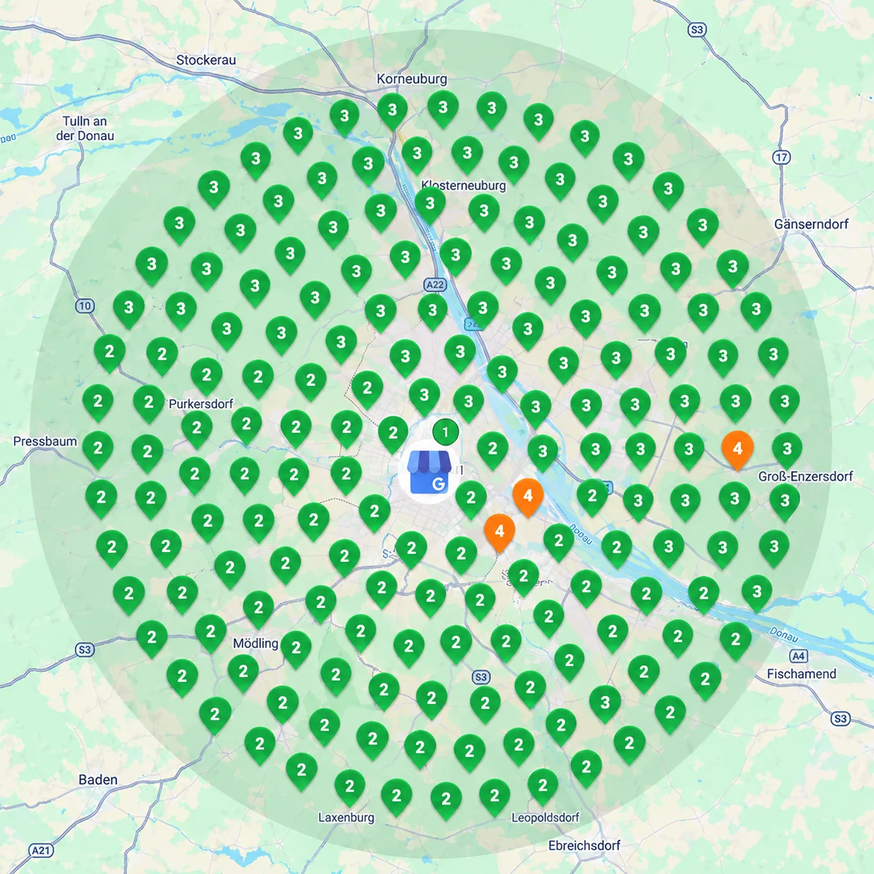 Heatmap eines Servicegebiets: Platzierungen Ort für Ort rund um den Betrieb