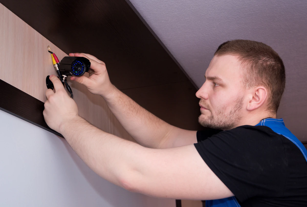 Handwerker schraubt bei einem Kunden an der Wand