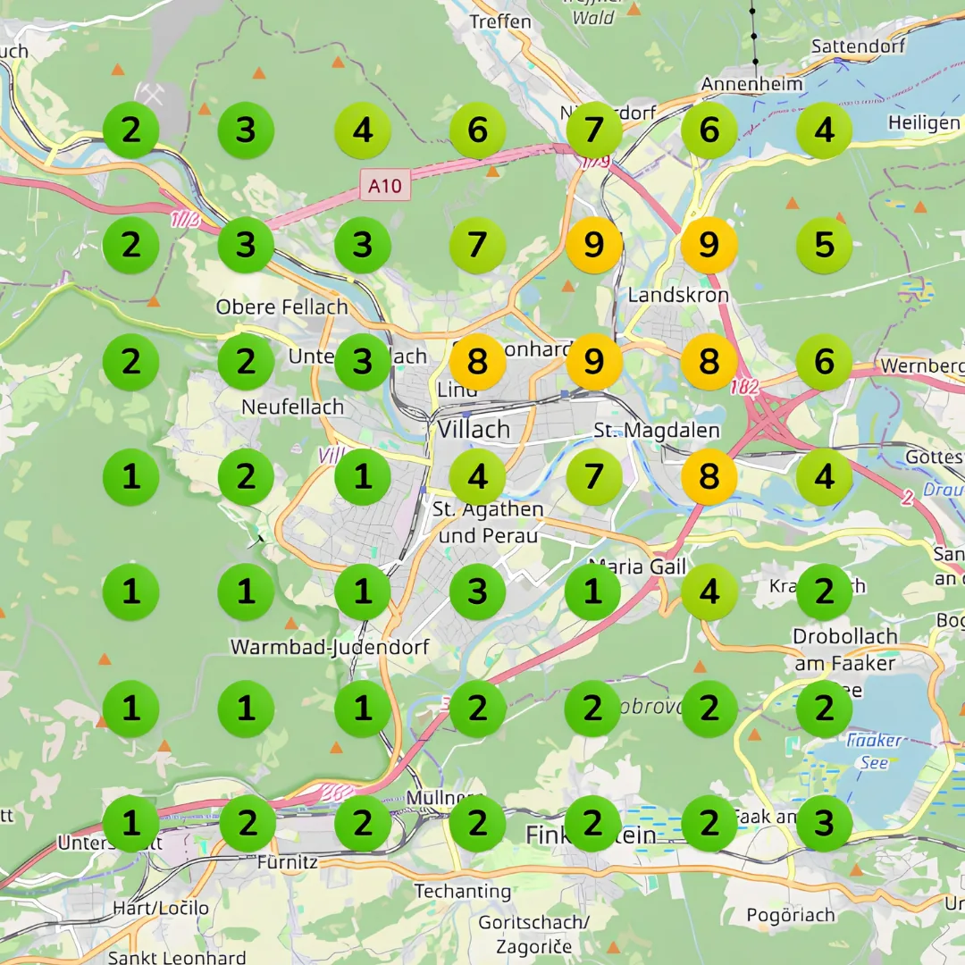 Ranking-Karte rund um Villach nach der Optimierung